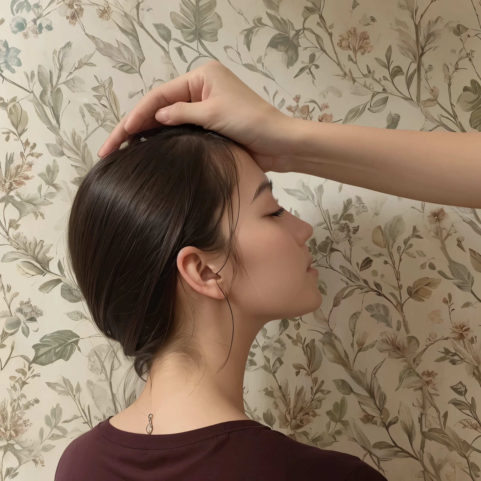 Two hands forcing someone's head to face to the right side of the wallpaper the person is reading