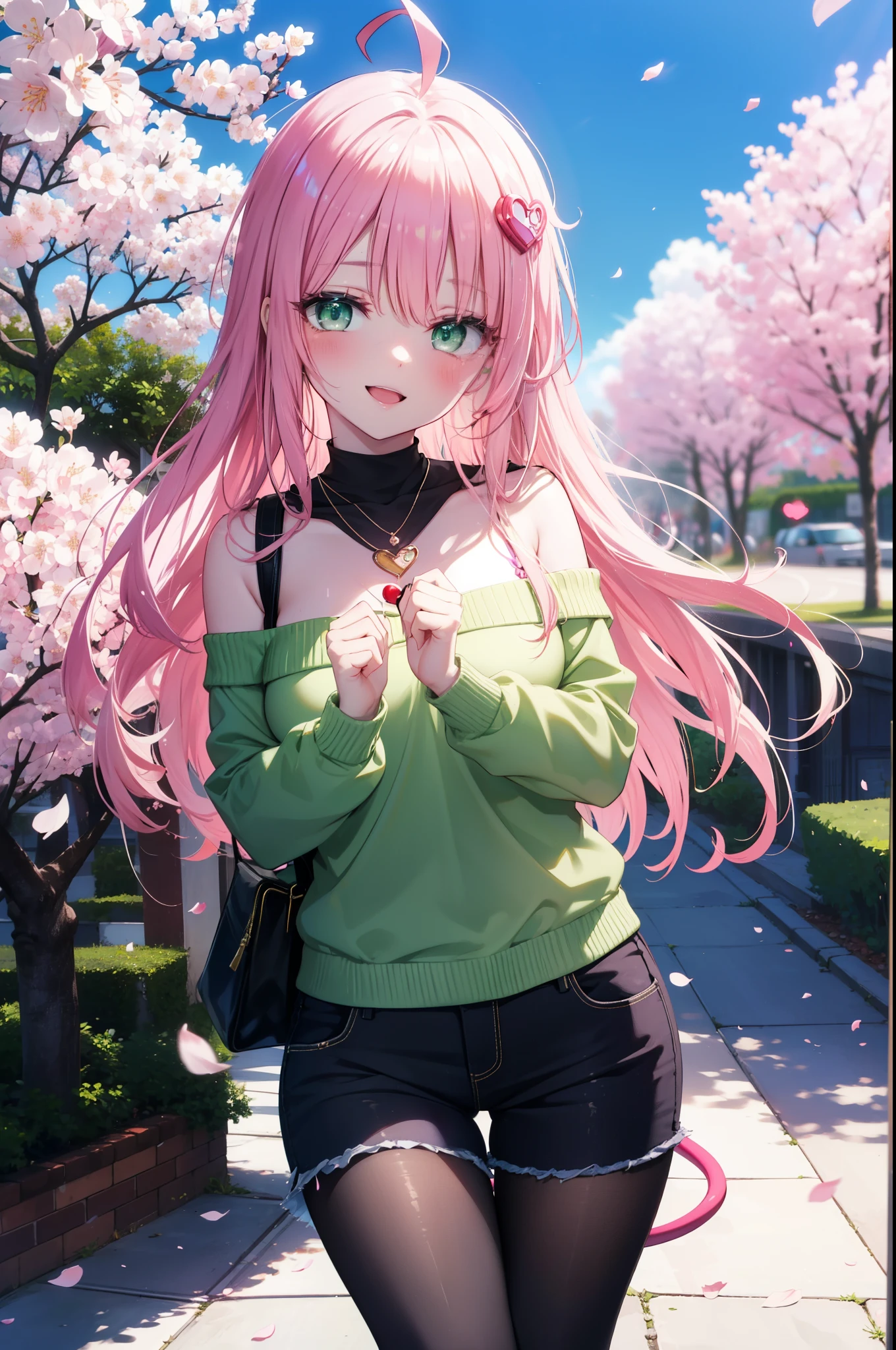 Lara Deviluke, Lara Deviluke, Long Hair, Pink Hair, tail, Ahoge, bangs, hair ornaments, (Green Eyes:1.5), happy smile, smile, Open your mouth,demon tail,Off-the-shoulder sweater,Exposing shoulders,bare clavicle,Bare neck,Heart Pendant,Shorts,Black Pantyhose,short boots,Cherry blossoms are blooming,Cherry blossoms are scattered,Cherry blossom tree-lined path,Daytime,Clear skies,
break outdoors, city,ビル街
break looking at viewer, (Cowboy Shot:1. 5)
break (masterpiece:1.2), highest quality, High resolution, unity 8k w全てpaper, (shape:0.8), (beautiful detailed eyes:1.6), extremely detailed face, Perfect lighting, extremely detailed CG, (Perfect hands, Perfect ???????),