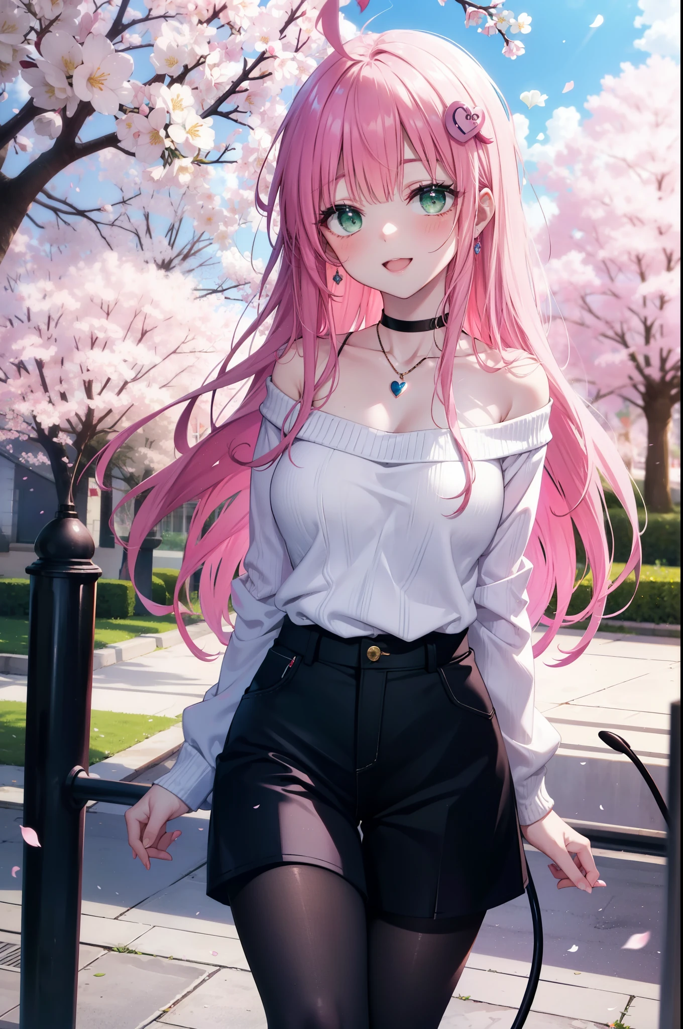 Lara Deviluke, Lara Deviluke, Long Hair, Pink Hair, tail, Ahoge, bangs, hair ornaments, (Green Eyes:1.5), happy smile, smile, Open your mouth,demon tail,Off-the-shoulder sweater,Exposing shoulders,bare clavicle,Bare neck,Heart Pendant,Shorts,Black Pantyhose,short boots,Cherry blossoms are blooming,Cherry blossoms are scattered,Cherry blossom tree-lined path,Daytime,Clear skies,
break outdoors, city,ビル街
break looking at viewer, (Cowboy Shot:1. 5)
break (masterpiece:1.2), highest quality, High resolution, unity 8k w全てpaper, (shape:0.8), (beautiful detailed eyes:1.6), extremely detailed face, Perfect lighting, extremely detailed CG, (Perfect hands, Perfect Anatomy),