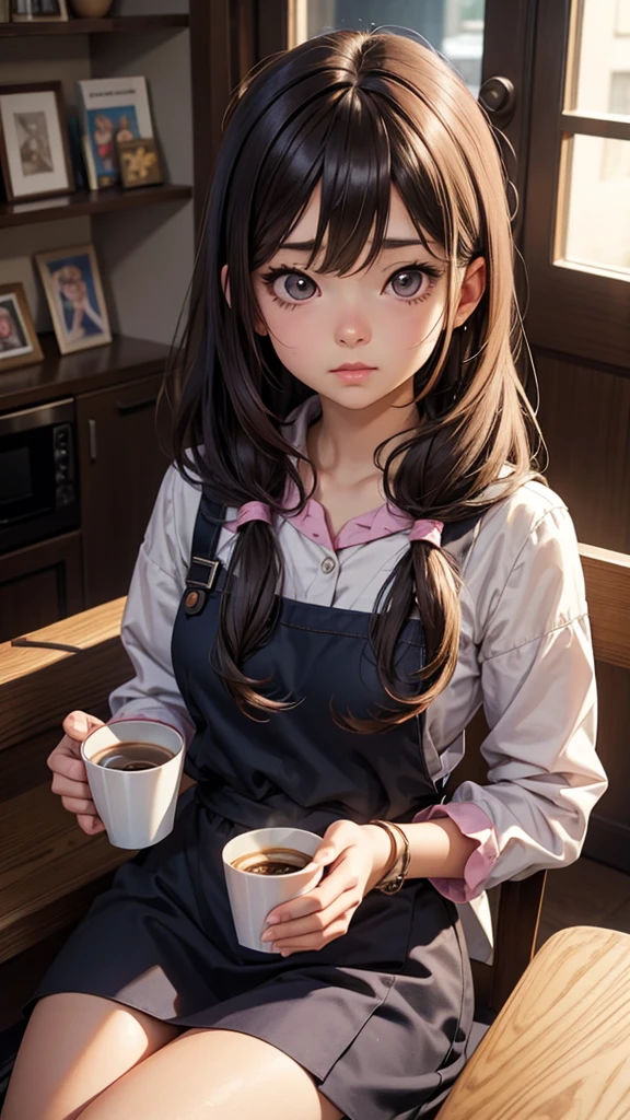 there is a woman that is holding a cup of coffee, anime girl in real life, realistic young anime girl, portrait of cute anime girl, cute natural anime face, kawaii realistic portrait, realistic anime 3 d style, cute kawaii girl, attractive anime girl, photorealistic anime, mysterious coffee shop girl, young anime girl, cute anime girl, anime girl with long hair, sitting 