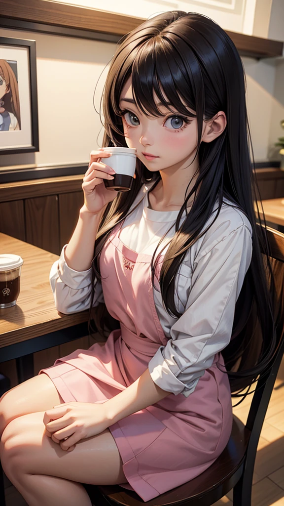there is a woman that is holding a cup of coffee, anime girl in real life, realistic young anime girl, portrait of cute anime girl, cute natural anime face, kawaii realistic portrait, realistic anime 3 d style, cute kawaii girl, attractive anime girl, photorealistic anime, mysterious coffee shop girl, young anime girl, cute anime girl, anime girl with long hair, sitting 