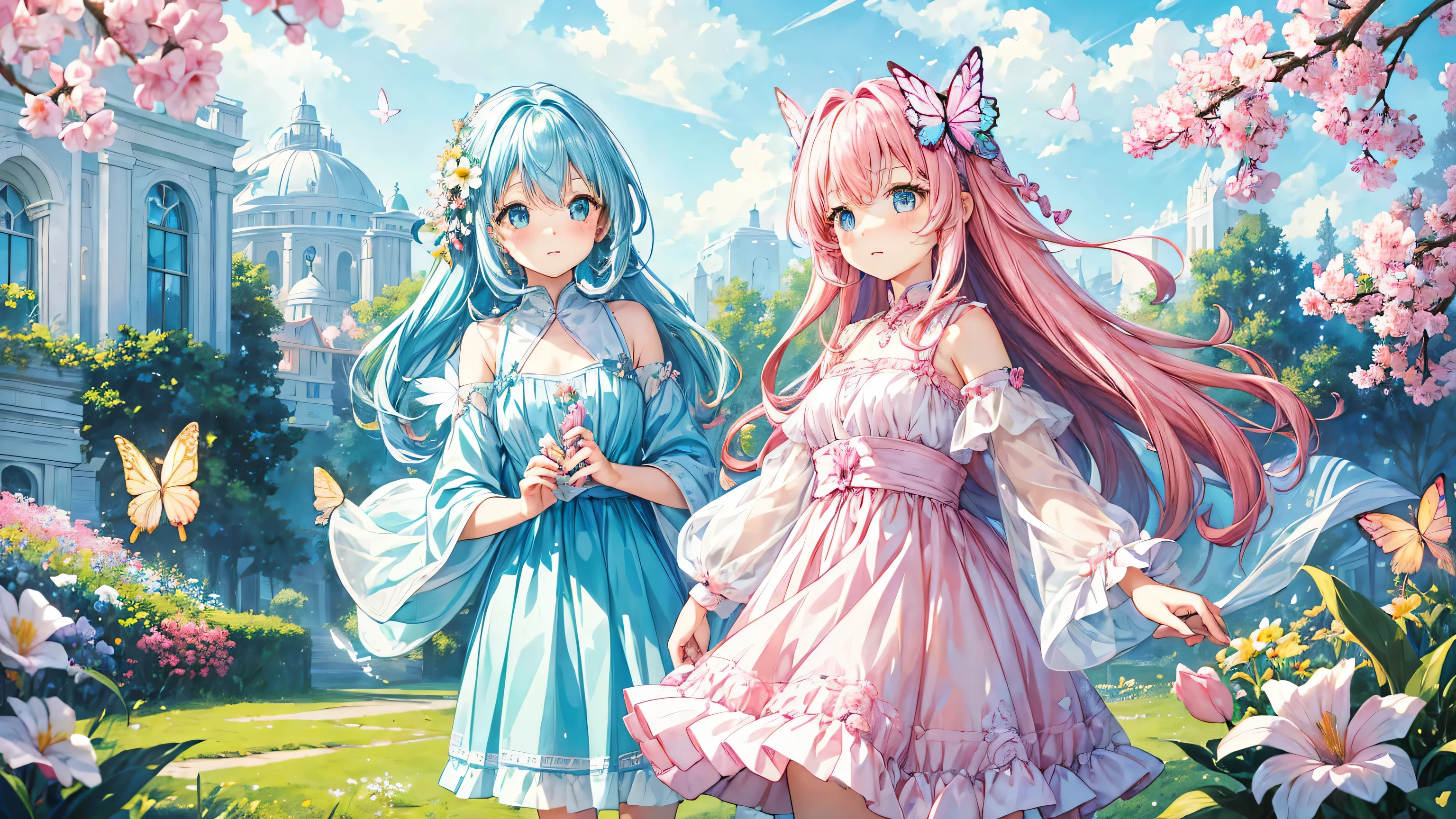 Two pure and innocent girls、、2 people(One with pink hair、1 Name Light Blue Hair)、Cute face、Beautiful Eyes、(Transparent white skin)、Natural beauty、Warm sunshine、Wildflowers swaying in the breeze々Surrounded by、Enjoying time in the fields。Butterflies and birds flutter around her、Creates a playful atmosphere。