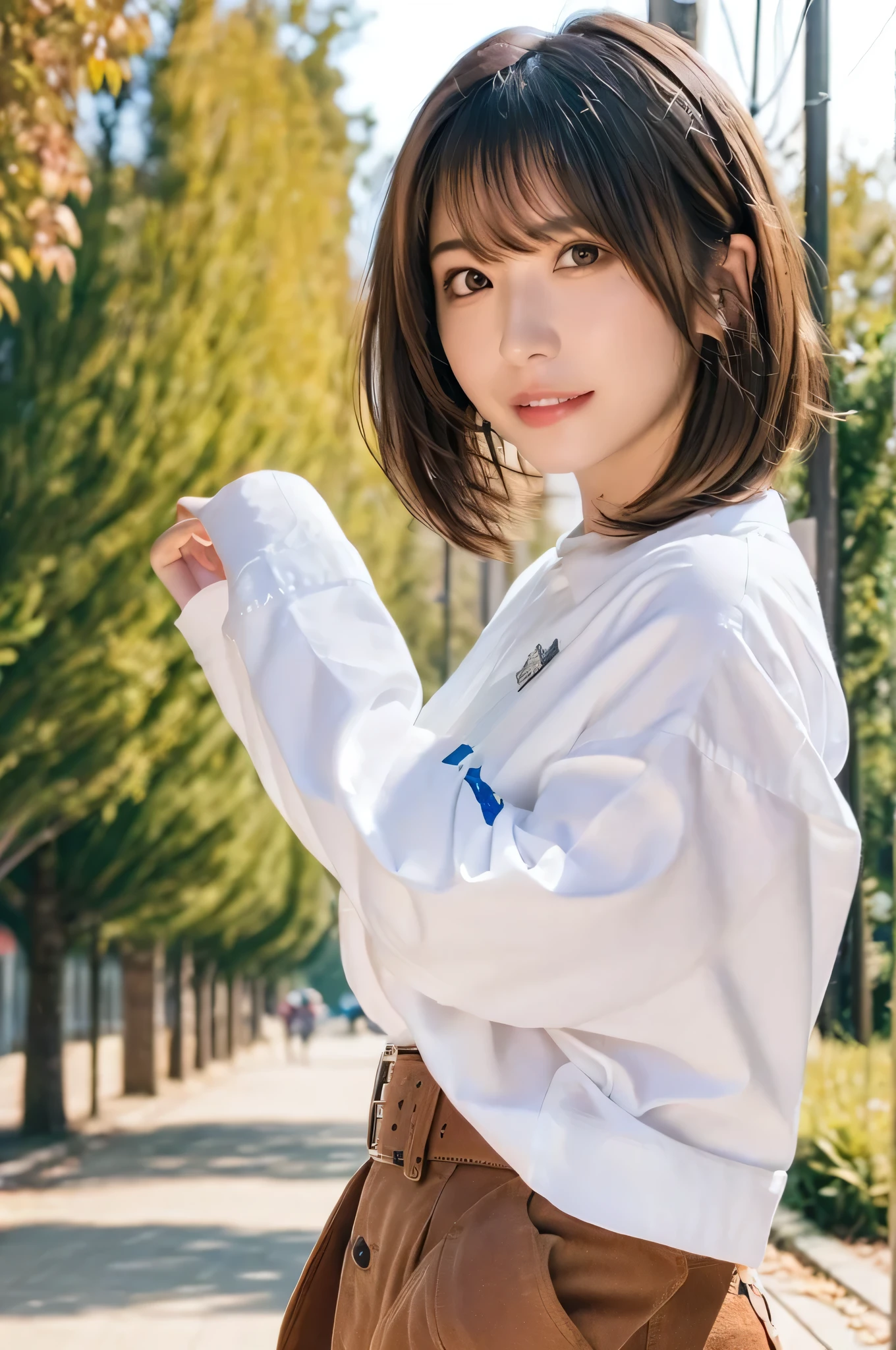 1girl.(RAW shooting:1.3)、(Photorealistic:1.3)、(masterpiece:1.3)、(highest quality:1.3)、Super detailed、High resolution、(Depth of written boundary)、(Detailed eyes)、(Detailed facial features)、(Detailed fingers)、(Detailed clothing features)、High resolution、8k、Skin Tightening、(Glowing Skin)、Landscape Gestic.Age 35、(Brown Hair)、(Medium Short Hair:1.5)、(Straight hair:1.3)、Hair blowing in the wind、avert your eyes、(Cowboy Shot:1.3)、(Dynamic pose)、(Smile)、blouse、Wide leg pants、Rich milk、Lens flare、Shining with colored light、Fantastic lighting、Forest rays、(Daytime cityscape, Busy Street, Expressing the vibrant charm of a bustling metropolis under the sun.)、