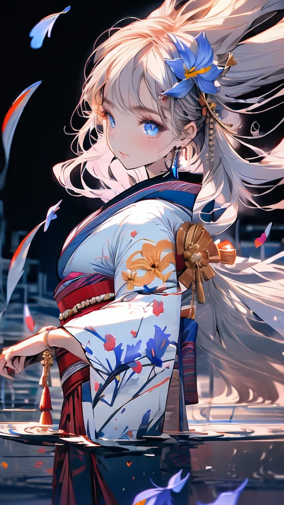 (masterpiece:1.5), ((ultra quality)), ((super fine illustration)), ((stunning cg)),
perfect anatomy, limb and hand and finger and arm, hands finger 5 digits,
1girl, solo, ((from side)), ((portrait:1.2)), ((very beautiful and cute girl)), ((16years old girl)), ((gradation colored hair silver hair:1.8 pale blue hair:0.2)), (super long hair), ((floating hair:1.2)), blue eyes, (intricate detailed pupils in eyes), small bast, looking at viewer, bangs, french braid, closed mouth, (standing), ((cowboy shot)), parted lips, ((traditional kimono)), standing, ((pale blue kimono)), ((flowers print)), earrings, ((Frisode 1.4)), outdoor, ((dawn:1.2)), ((lakeside:1.2)), ((Iris:1.2)), ((floating petals:1.4)),
(best shadow:0.2),
(beautiful shadow:0.4),
(beautiful reflection:0.3),
(Prismatic light:1.2),
(natural reflection:1.2),