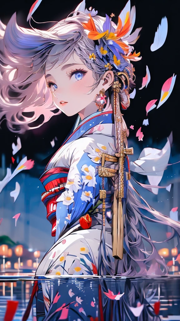 (masterpiece:1.5), ((ultra quality)), ((super fine illustration)), ((stunning cg)), 
perfect anatomy, limb and hand and finger and arm, hands finger 5 digits, 
1girl, solo, ((from side)), ((portrait:1.2)), ((very beautiful and cute girl)), (( old girl)), ((gradation colored hair silver hair:1.8 pale blue hair:0.2)), (super long hair), ((floating hair:1.2)), blue eyes, (intricate detailed pupils in eyes), small bast, looking at viewer, bangs, french braid, closed mouth, (standing), ((cowboy shot)), parted lips, ((traditional kimono)), standing, ((pale blue kimono)), ((flowers print)), earrings, ((Frisode 1.4)), outdoor, ((dawn:1.2)), ((lakeside:1.2)), ((Iris:1.2)), ((floating petals:1.4)), 
(best shadow:0.2),
(beautiful shadow:0.4),
(beautiful reflection:0.3),
(Prismatic light:1.2),
(natural reflection:1.2),