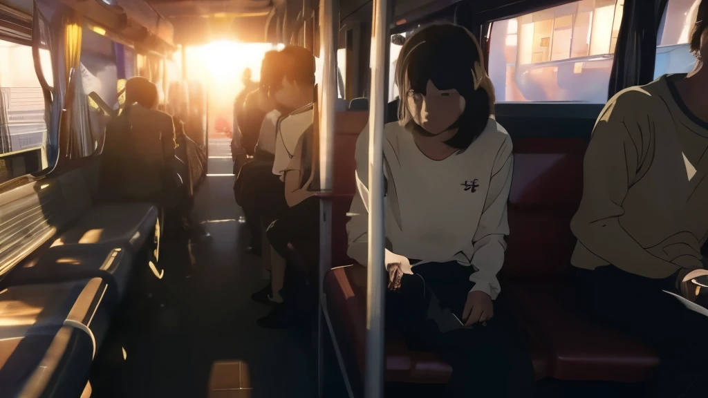 Inside the bus,Many passengers,Sunset,moon,Shinkai style。