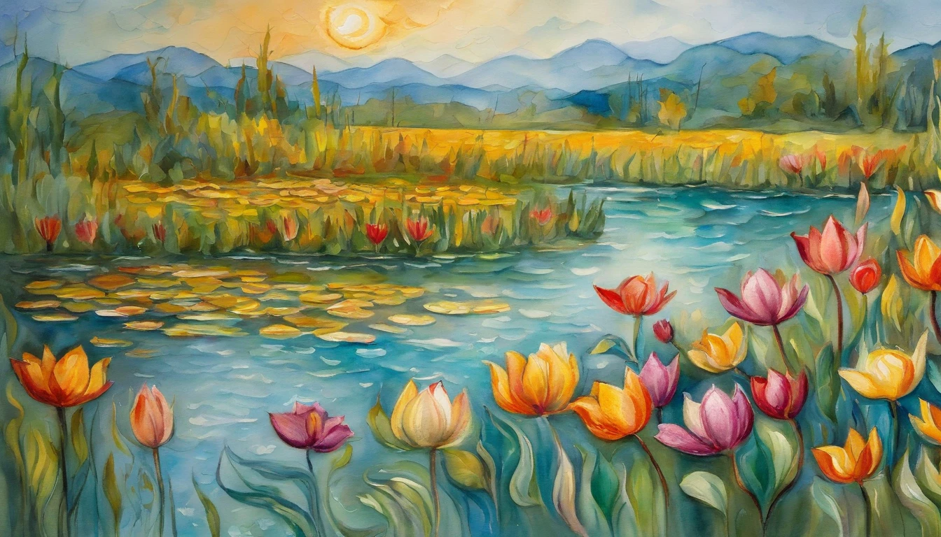 (A dynamic, colorful painting in the style of Van Gogh depicts a shimmering pond and blooming lotus flowers):1.9