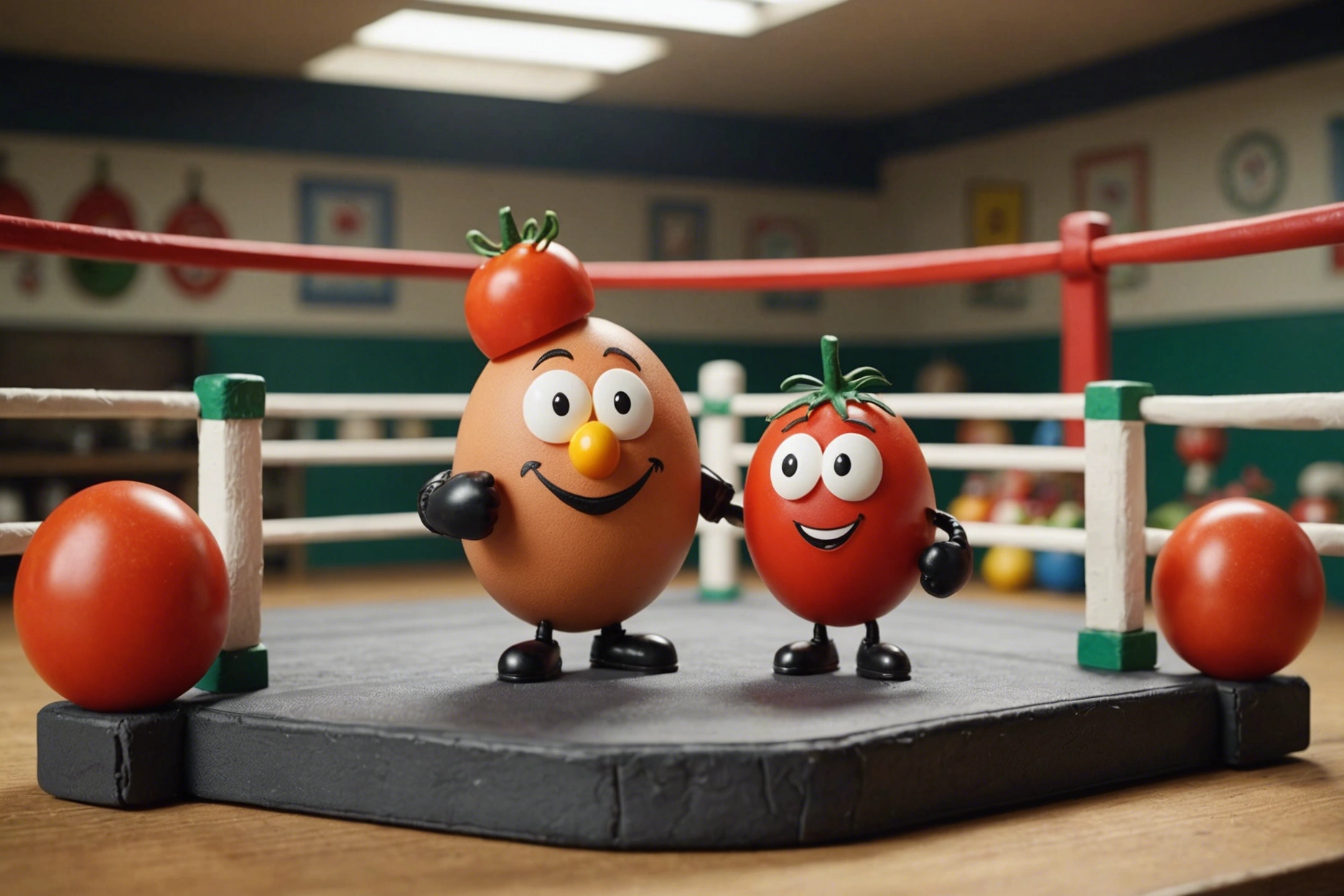 Imagine a whimsical scene where a charming egg and a plump tomato stand in a boxing ring, poised for a friendly bout. The egg, sporting miniature gloves and a determined smile, faces its opponent, the tomato, which wears its own set of gloves, its stem resembling a jaunty little hat. The ring is set in a kitchen-like arena, with utensils hanging on the walls and an audience of various fruits and vegetables cheering with childlike enthusiasm. The colors are vibrant and cartoonish, with exaggerated expressions and movements that capture the innocence of childhood and the spirit of camaraderie. The entire composition is lively and animated, as if the egg and tomato are not just food items, but beloved characters in their own right, engaging in a playful spar that symbolizes their unique friendship.