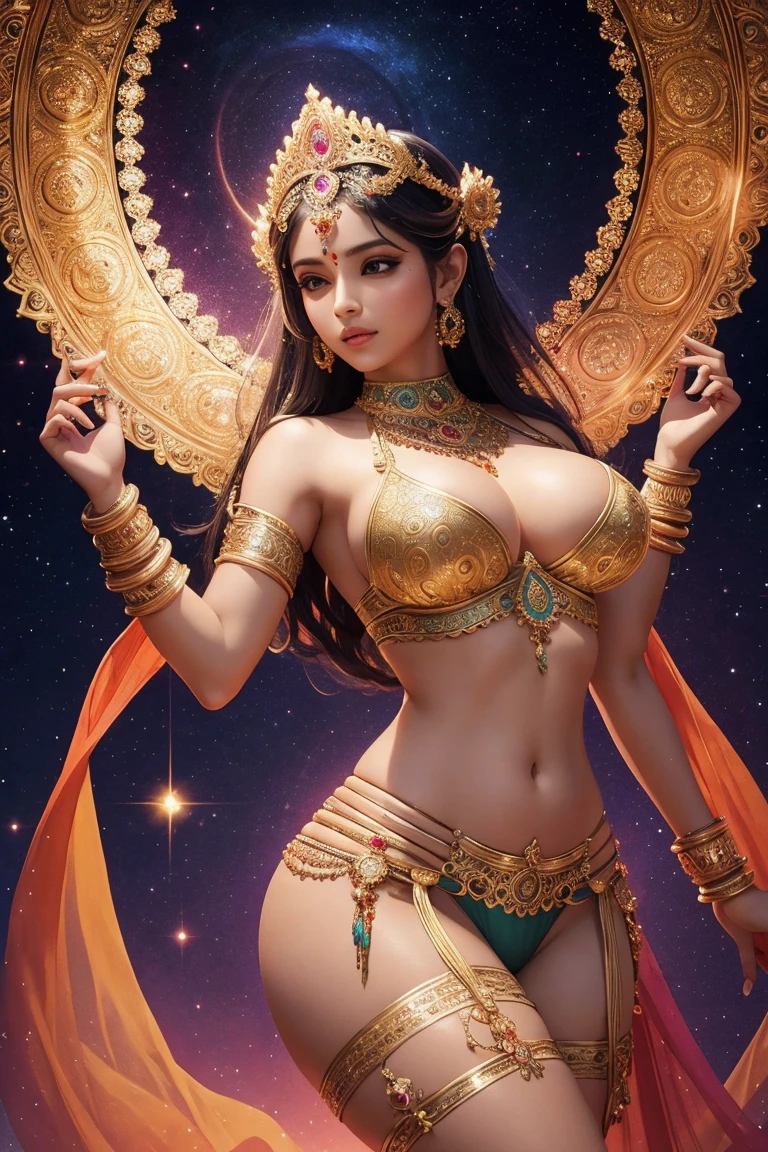 hindu goddesses, mini tight clothes, gigantic saggy breasts, big round ass, transparent tight panty, divine beauty, intricate jewelry, vibrant colors, ornate headdresses, multiple arms, graceful poses, serene expressions, divine energy, celestial glow, majestic backdrops, ethereal lighting
