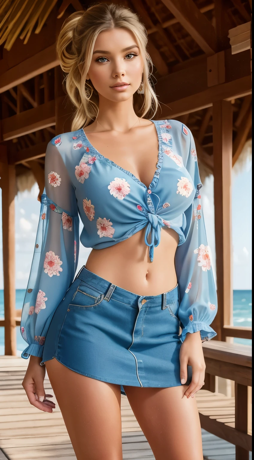 Foto hiperrealista en primer plano de Emily Sears, masterpiece, best quality, (photorealistic:1.4), full body, (blue Casual Boho Floral Blouse Shirts V Neck Long Puff Sleeve Lightweight Chiffon:1.2), (blue mini skirt:1.1), heels, inside of beach house, sunny day, cinematic light, beautiful woman, skinny, large big breasts, ponytail blond hair, detailed face, smile, facing the camera, photo taken from a distance, age of 20 years old,