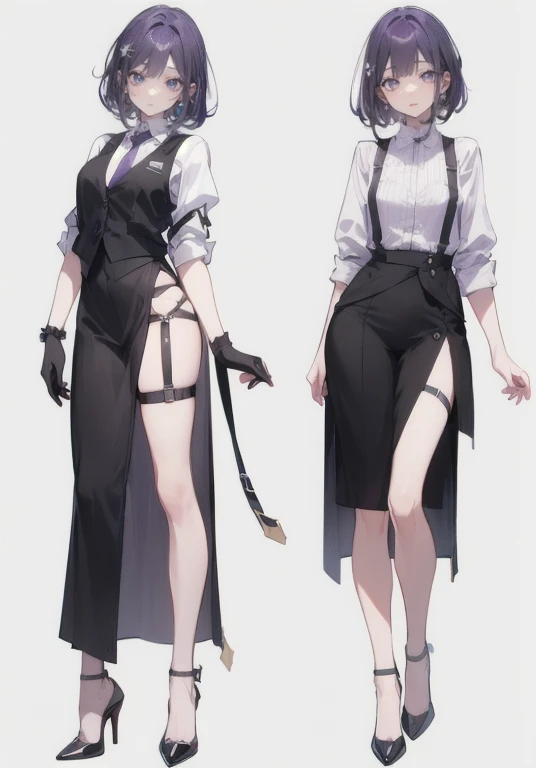 ((Perfect Face)),Purple Hair,Shortcuts,Adult female,bartender,((Body Harness)),Black vest,((Shirt with rolled up sleeves)),tie,((slit)),High heels,((Simple Background)),smile,((full body)),((Full Body)),upright,,Both arms are down,