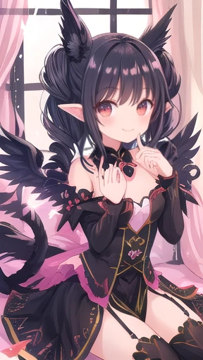 black drill hair,cute lady, happy, smile,,thin,,,tall,,,room,glitter,heart,vivid,,wings,ears,tail,magic ,sit,open mouth,blunt bangs,arch eyebrows,noon,window,lips,skirt,luster、devine light effects, magic effect,glow eyes