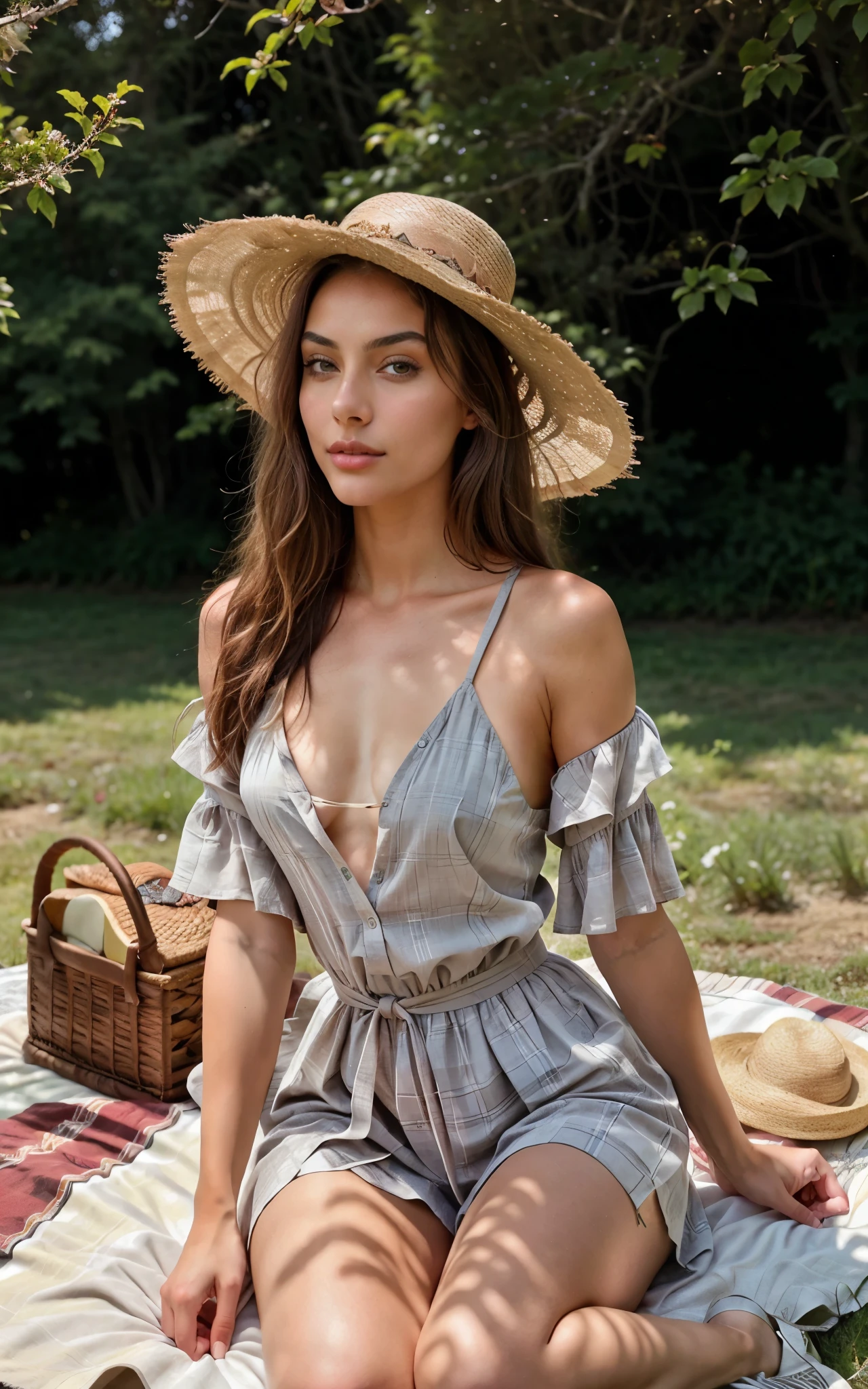 In this picturesque country scene, a 26-year-old model exudes confidence and elegance as she enjoys a picnic in the middle of a lush field. With an elegant hat adorning her head, her long straight hair cascades over her shoulders, highlighting her natural beauty. Sitting on the soft green grass, her symmetrical face and hypnotic gray eyes capture the tranquility of the surroundings. The model's light brown skin shines under the warm sun, while her statuesque figure blends harmoniously with the surrounding nature. Dressed in a set of country clothes, her unique and sophisticated style adds a touch of class to the country setting. The ultra-realistic quality of the image, captured in 8k HD, highlights every detail of the rural environment, emphasizing the model's ability to captivate with her charisma and style even in an environment as relaxed as a picnic in the countryside.
