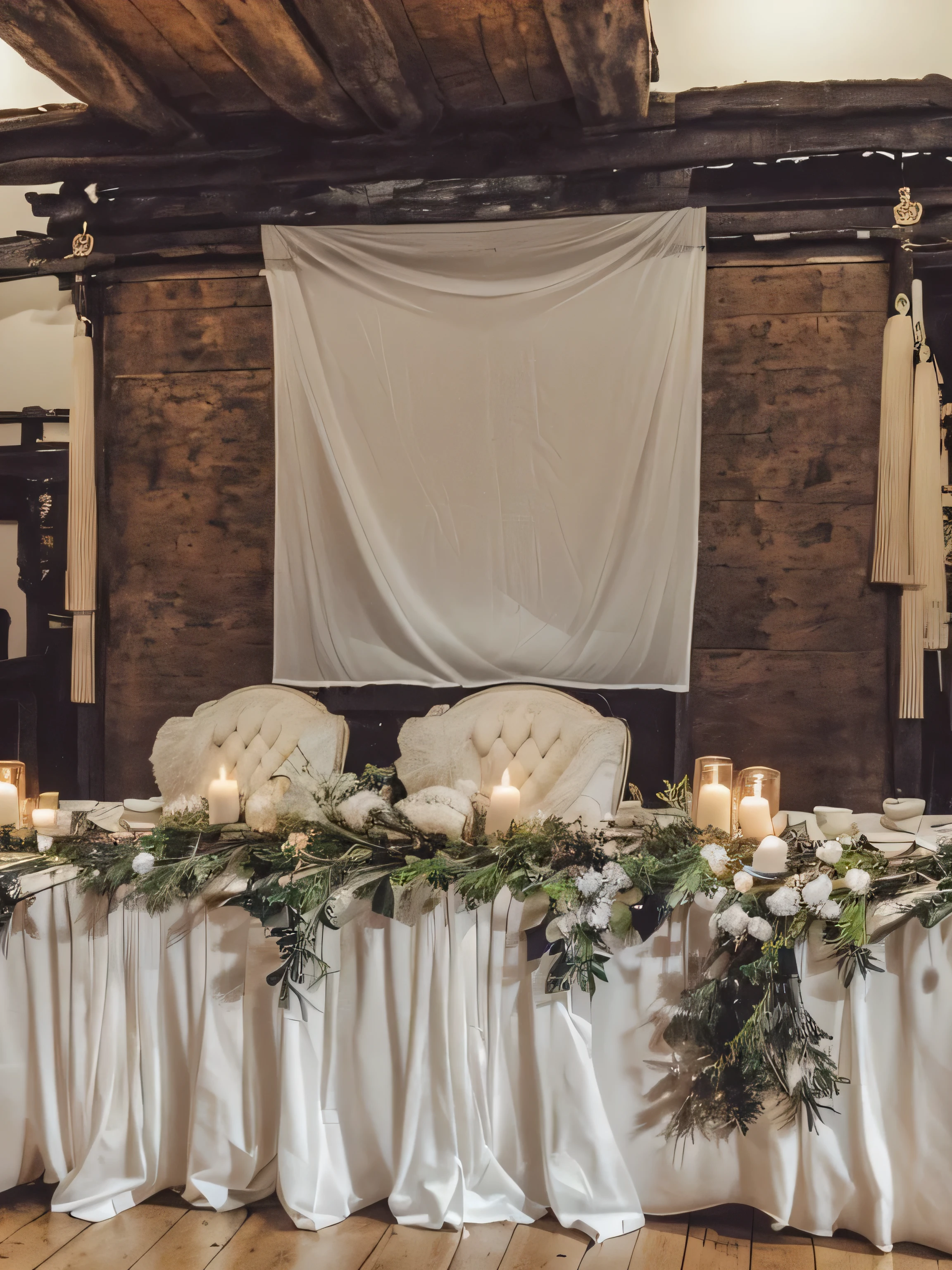 a close up of a table with a 白色桌子 cloth and candles, Stunning mysterious background, rural setting, multiple details, indoor environment, non-illuminated background, fairy tale setting, magnificent and complex background, comfortable environment, Long table, There is a white banner, magnificent
