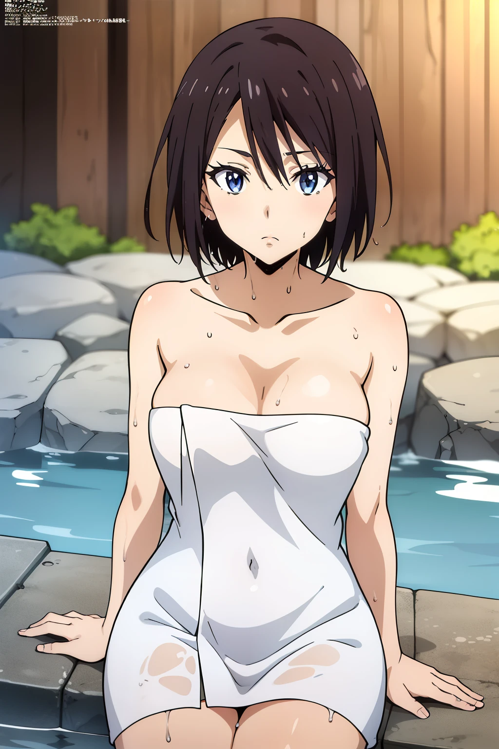 (anime cels style, Masterpiece, best quality, high resolution, anime colored, megami magazine:1.2, anime poster style, anime keyvisual, sharp, 8k, photorealistic), (beautiful eyes:1.5), sakaguchihinata\(ttigraas\), 1girl, cute, black hair, very short hair, large breast, cleavage, nude, (wet Naked towel:1.5), (cowboy shot, sitting), (perfect detailed anatomy, perfect arms, perfect fingers, beautiful face, perfect body, shiny skin), onsen, wet