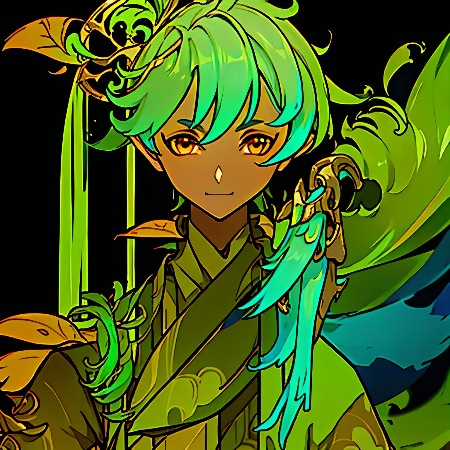 a tall man, 26 years, goblin, covered in brown leaves, yellow eyes, Green clothes, Long blue hair