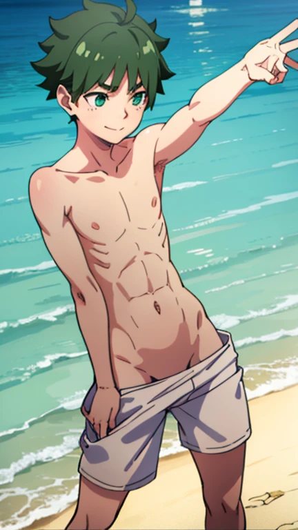 Boy, slim, Cute, Pale white skin, green eyes, Short red hair, on beach, looks shyly at the viewer, smiling, wet, spread legs, ass view, back view, white shorts, lies on the sand, lies with his chest on the sand and with his pelvis raised up, boy body