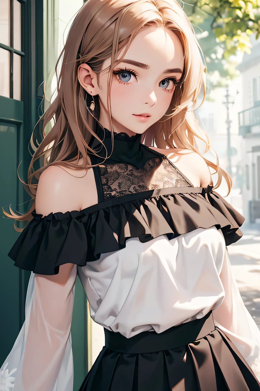 highest quality、High resolution、Detailed Background、(Beautiful face in every detail:1.4)、Anatomically correct、(Draw the usual number of fingers:1.2)、(Detailed facial expressions)、(Detailed eyes:1.2)、(Detailed eyes:1.2)、Beautiful, smooth skin、Beautiful women in their 20s、(Highly detailed face:1.4)、Wavy Hairstyle、well-groomed eyebrows、Cute Eye Makeup、Cute Lip Makeup、Perfect body line、Cute gestures、Disney Sea、Femininity and cuteness、Elegant and refined、Cowboy Shot、

A beautiful woman looking at you with a happy expression、

Pair a ruffled off-the-shoulder top with a pleated high-waisted skirt.、Matching or contrasting the colors of your top and skirt will make your outfit stand out even more.、

Pair a camisole-type off-the-shoulder top with a flared high-waisted skirt.、Choose a skirt with a colorful pattern or a floral print to make it even cuter.、
Pair a cute printed off-the-shoulder top with a soft, flared A-line high-waist skirt.、Pair it with colorful tops and skirts、

Pair a lace bodysuit with a flared skirt、
The skirt should match or contrast with the color of the bodysuit.、very beautiful