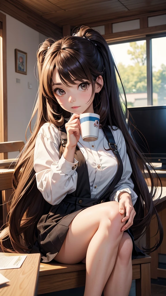 there is a woman that is holding a cup of coffee, anime girl in real life, realistic young anime girl, portrait of cute anime girl, cute natural anime face, kawaii realistic portrait, realistic anime 3 d style, cute kawaii girl, attractive anime girl, photorealistic anime, mysterious coffee shop girl, young anime girl, cute anime girl, anime girl with long hair, sitting, from below