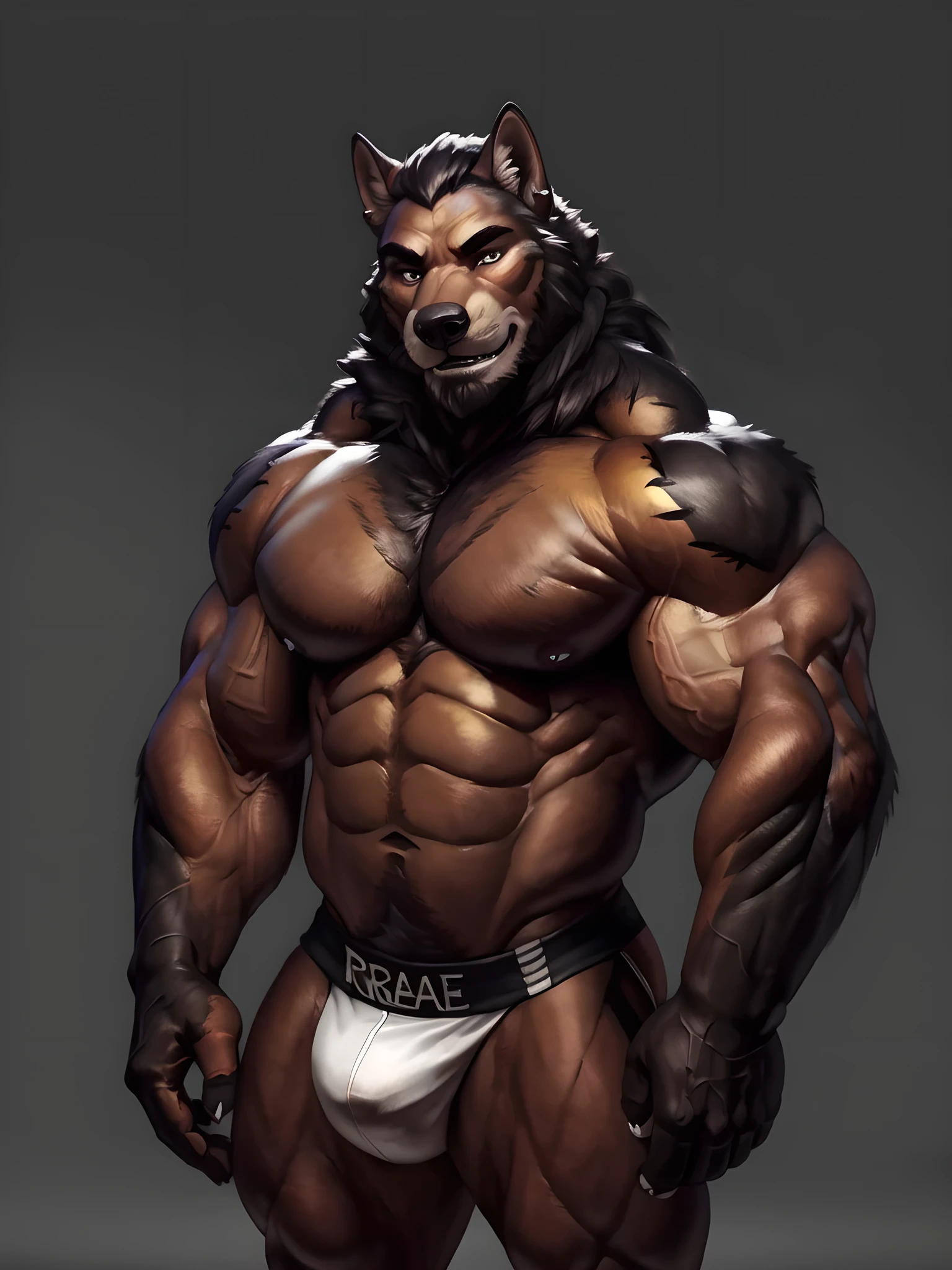 high quality, high resolution, detailed, masterpiece, correct proportions, correct anatomy, plain background:1.1, (muscle, very muscular, muscular arms, big pecs, abs):1.2, detailed fur, detailed eyes, anthro body, (black wolf, black fur, monotone black fur):1.5, male, masculine, old male, (beard, bearded):1.2, mane, braided hair, bare chest, underwear, plain background, by taran fiddler, by chunie, by virtyalfobo, stern face, posing