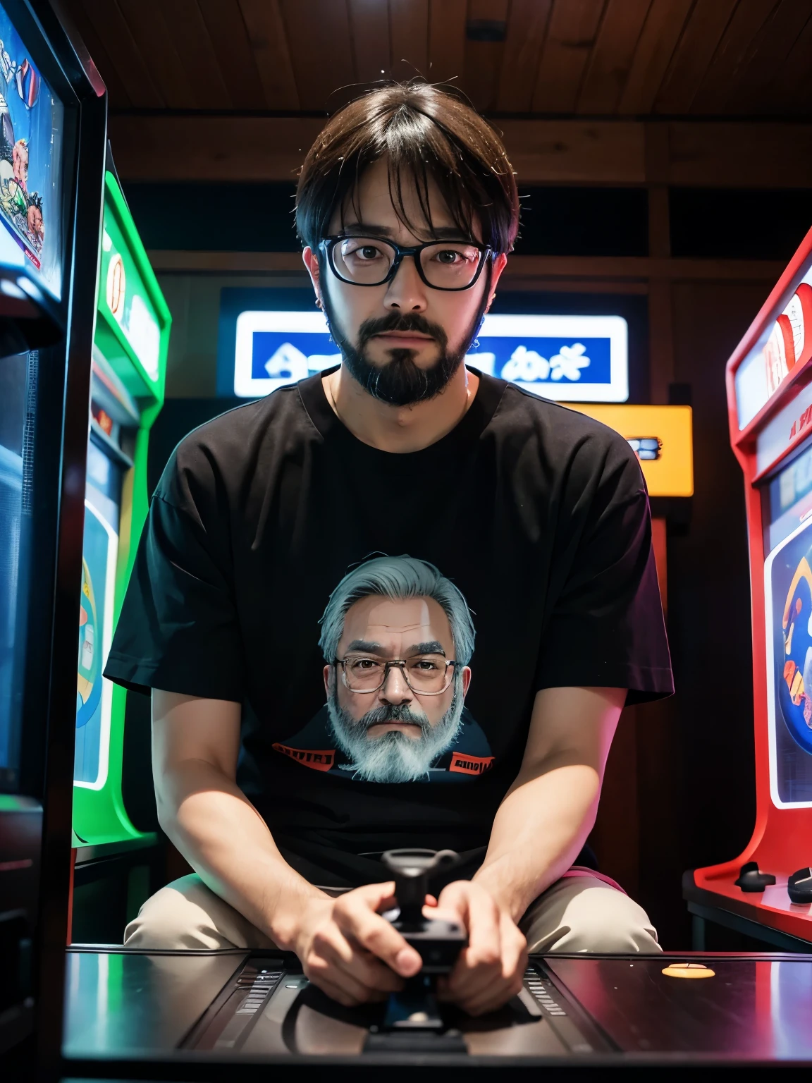 At a Japanese game center、A middle-aged man wearing glasses and a beard、Wearing a shirt with an anime character design printed on it、Generate an image that depicts your time alone。He sits in front of the arcade cabinet、With the controller in hand、Immersed in the game with a serious look on my face。The background shows a game center.、There are lots of arcade cabinets and posters on the walls.。The lighting in the room is soft、It creates a realistic atmosphere。There was no one else around him、He is immersed in his own world。The generated image is、It gives you a feel of Japan&#39;s gaming culture and arcade scene.、Suitable for expressing the hobbies and personalities of middle-aged men。