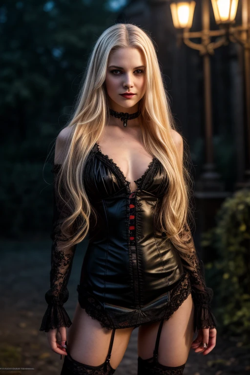 Photorealistic full body portrait of a vampire woman, long light blond hair, young woman, standing at full height in the dark, She is wearing a black short open mini dress with a plunging neckline, beautiful small breasts, small bust, detailed chest, Black openwork stockings, black high heels, Detailed face, dark makeup, Seductive look, (sexual), Outside, fangs visible, Blood runs down her lips, bright glowing eyes. long light hair, realism, pale detailed skin, bright red eyes, very detailed skin, loose hair, Realistic skin, Gothic attire, Canon,4K, mysterious, Gothic, Sexy beautiful vampire girl, High 8K Image Quality, detailed image 16K, dslr, ultra quality, sharp focus, tack sharp, dof, film grain, Fujifilm XT3, crystal clear, 8K UHD
