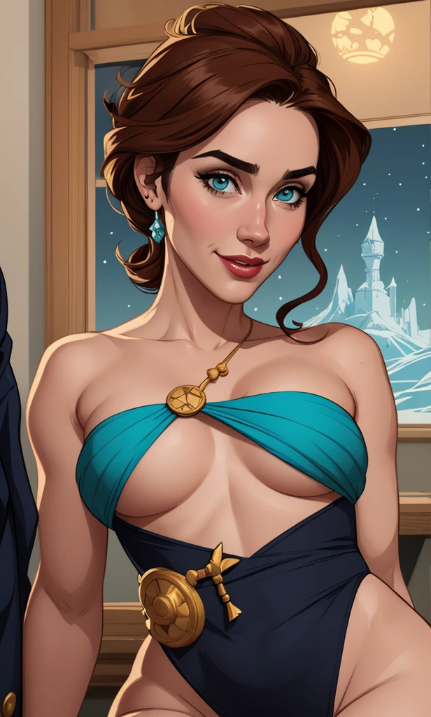 Personagem mulher estilo atompunk Fiona rainha Anna de Arendelle com marcas de guerras Imagem de desenho animado de uma mulher .Ilustra??o estilo desenho animado, estilo de arte dos desenhos animados, estilo de arte dos desenhos animados, digital illustration style, estilo atompunk design de personagens altamente detalhado, arte digital detalhada coragem, Forest fan art, Design de personagens de retrato, beautiful digital illustration, retrato de alta qualidade, Arte em quadrinhos, mulher jovem cabelo com transas lindas . Queen Anna of ArendelleBeautiful lined eyes Medium large bust and wonderful  clothes. image expression of  desire from waist to head illustration Queen Anne of Arendelle atompunk style Fallout 4 style pose playboy magazine sensual witch Character cartoon style facial expression happy beautiful smile and six medium small portrait mode waist up with lots of gold around her other stones precious portrait mode waist up queen of the south Jennifer Connelly GTA scenery dominatrix gold coins  with jewelry with her boyfriend, um homem com barba preta, armado com um estilo militar,