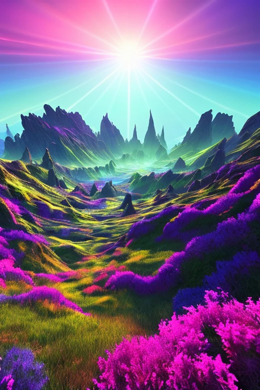 Create an image of a magical landscape on an alien fantasy planet, where vibrant and trippy colors dominate the scene, reminiscent of the unique style of H.R. Giger (32k resolution). Deviate from reality as the landscape transforms into a mesmerizing Gothic art piece, influenced by reflection light and glowing neon hues (HDR, ray tracing). Step closer to the intricate details of the terrain, observing the depth of field that immerses the viewer into the bizarre yet captivating world (blending, ultra-wide angle). Witness the environment come to life through dynamic lens flares that dance and flicker across the landscape, further emphasizing