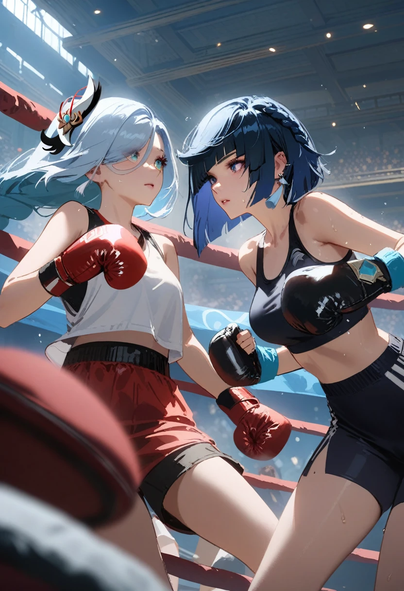 ((boxing match)), (2girls), (shenhe genshin impact, silver hair, braided hair ), (yelan genshin impact, blue hair), (boxing gloves), boxing clothes, alternate costume, sweat, cinematic, movie screenshot, boxing fight, epic fight, masterpiece, best quality, amazing quality, very aesthetic, absurdres, detailed, by yoneyama mai, (by dino:0.3), (by rella:0.3), (by wlop:0.2)