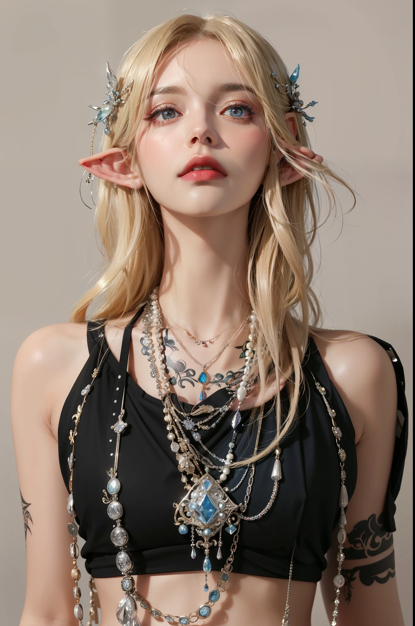 Super detailed, Delicate face, Photorealistic style, Movie stock photography shadow , Colorful, Surreal, Realistic textures, Dramatic Lighting, Thin Film Distiller 800 (8k, original photo, better quality, masterpiece: 1.2), Super detailed, (Extremely delicate skin: 1.2), 8k ultra high definition, SLR camera, Soft Light, high quality, Frozen queen, Elf Princess, ice castle,Blue pupils,Apply red lipstick,Tattoo,Tattoo女神,带有Tattoo图案,Ultra-clear portrait,Apply lipstick,Wearing necklace jewelry