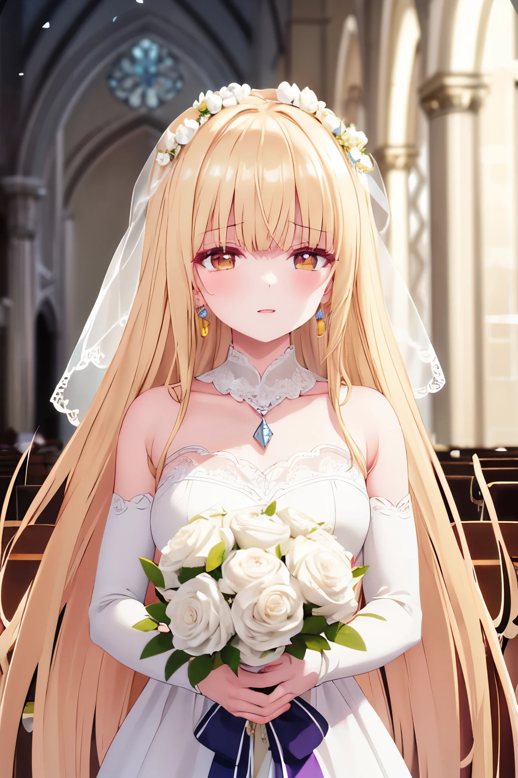 ((blond hair, straight hair)), head wreath, happy tears, crystal earrings, light smile, happy, Hyperrealism, Verism, cinematic lighting, reflection light, tachi-e, cowboy shot, UHD, ((masterpiece)), ((best quality)), highres, (textured skin), 8k, Wedding bride, pure white wedding dress, bouquet, in church, colorful petals dancing behind her