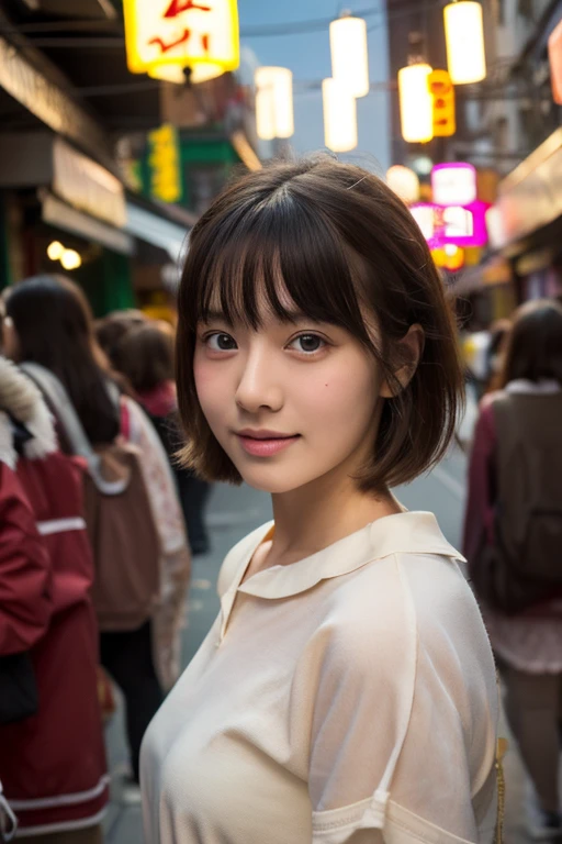 (highest quality, masterpiece:1.2), Beautiful 18 year old Caucasian girl, very cute, blouse, 1 1.8, Soft Light, Raw photo real, The skin texture is very fine, Without makeup, Joyful、looks fun、Chinatown,Eat meat buns、 short hair, Depth of written boundary, High resolution, Very detailedな, In detail, Very detailed, Very detailedな目と顔, Sharp pupils, Professional Lighting、Professional photography、Photorealistic、live-action