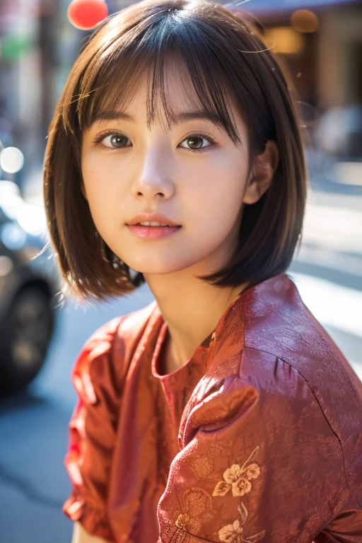(highest quality, masterpiece:1.2), Beautiful 18 year old Caucasian girl, very cute, blouse, 1 1.8, Soft Light, Raw photo real, The skin texture is very fine, Without makeup, Joyful、looks fun、Chinatown,Eat meat buns、 short hair, Depth of written boundary, High resolution, Very detailedな, In detail, Very detailed, Very detailedな目と顔, Sharp pupils, Professional Lighting、Professional photography、Photorealistic、live-action
