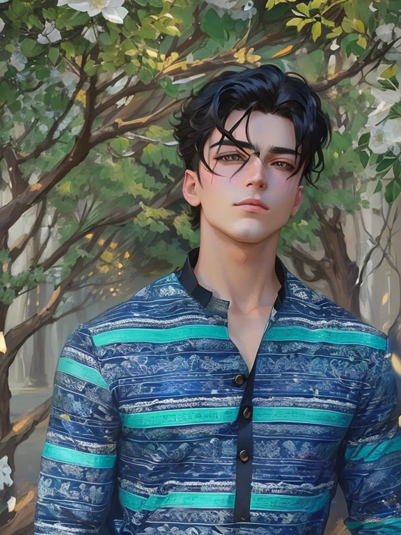 Create an 8K anime illustration, fusing John Singer Sargent's artistry with anime style. Focus on a Gatsby-like man, capturing Sargent's emotional depth and anime's vibrancy. His attire should blend Roaring Twenties elegance with anime flair. The background, a lavish Gatsby-esque scene, should merge Sargent's detail-oriented realism with anime's dynamic exaggeration. Ensure every detail, from expression to setting, weaves a story that's both classically nostalgic and uniquely modern.