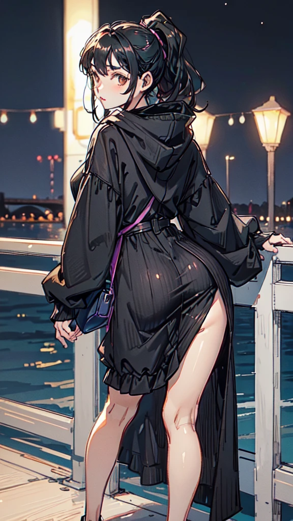 1girl, female_solo, mature black woman, long brunette ponytail, ,medium_breasts, brown_eyes, slim_figure, lipstick, av idol, Drawstring Hoodie Ruched Dress, Casual Long Sleeve Dress, pier at night, hands on rail, Enhance, leaning_forward, by the pier, back turned