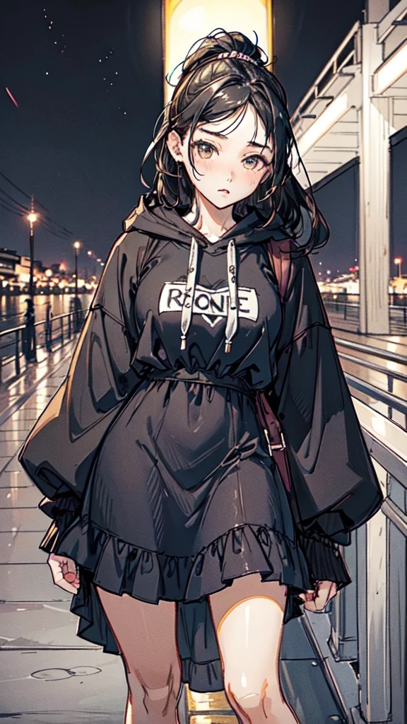 1girl, female_solo, mature black woman, long brunette ponytail, ,medium_breasts, brown_eyes, slim_figure, lipstick, av idol, Drawstring Hoodie Ruched Dress, Casual Long Sleeve Dress, pier at night, hands on rail, Enhance, leaning_forward, by the pier, back turned 