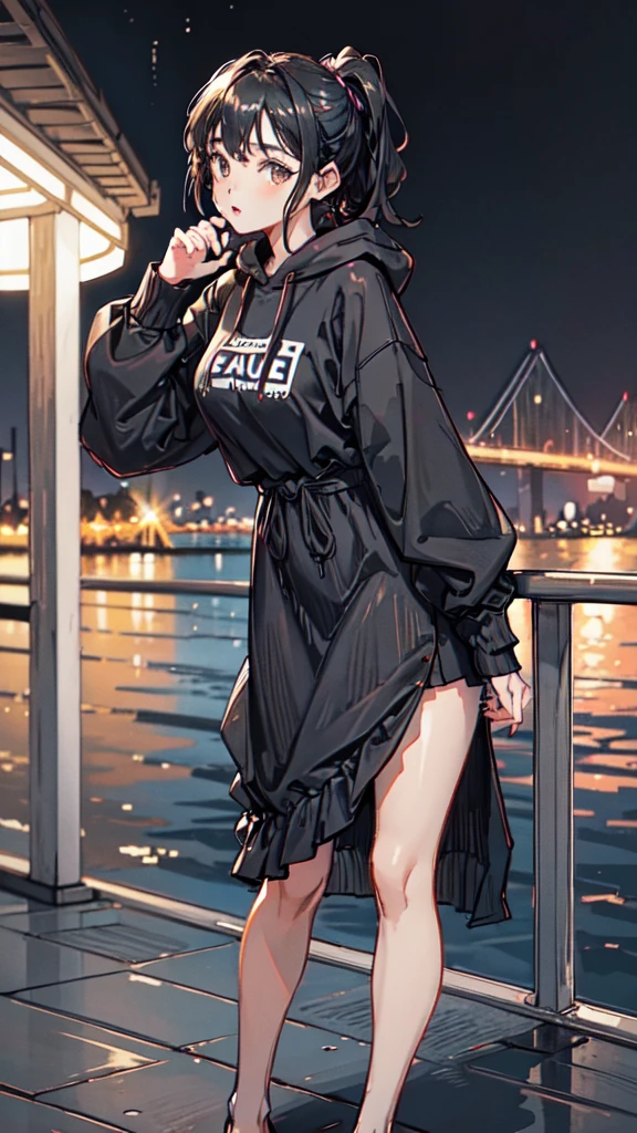 1girl, female_solo, mature black woman, long brunette ponytail, ,medium_breasts, brown_eyes, slim_figure, lipstick, av idol, Drawstring Hoodie Ruched Dress, Casual Long Sleeve Dress, pier at night, hands on rail, Enhance, leaning_forward, by the pier, back turned 