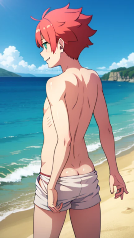 Boy, slim, Cute, Pale white skin, green eyes, Short red hair, on beach, looks shyly at the viewer, smiling, wet, spread legs, ass view, back view, white shorts, lies on the sand, with his ass in the air, boy body