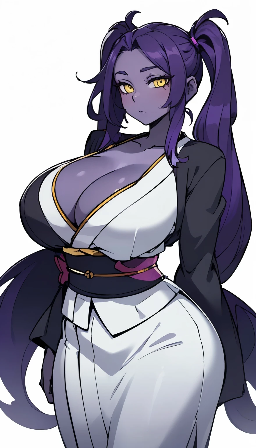 SFW, ((black grey skin Drow)), (gigantic breasts), firm breasts , tall girl, slim waist, curvy figure, arms behind back, (((purple_hair, long_pigtails))), ((yellow_eyes)), ((kimono, cleavage))
