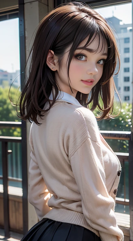 ((mesa, mejor calidad, high resolution, nffsw, pixel perfect, 4k, nffsw, nffsw))), 1 chica en, soltero, Solo, belleza、cuerpo completo visto、 ((Cabello Ondulado Medio, golpes, By the chestnut)), ((de ojos marrones, beautiful eyelashes, ojos realistas)), ((cara detallada, rubor:1.2)), ((textura suave:0.75, textura realista:0.65, fotorrealista:1.1, estilo anime generado por computadora)), pechos medianos, dynamic angle, cuerpo perfecto, ((pajarita roja, , chaqueta negra, chaqueta abierta, brown cardigan, Camisa blanca, Falda negra, faldas a cuadros)), escalera de la ciudad、Mirando hacia arriba desde el pie de las escaleras.、very embarrassing panic smile., volteado、bending forward、(The wind blew up my skirt and exposed my butt.........................、Tocar las nalgas con ambas manos.、bragas de encaje floral rosa)、