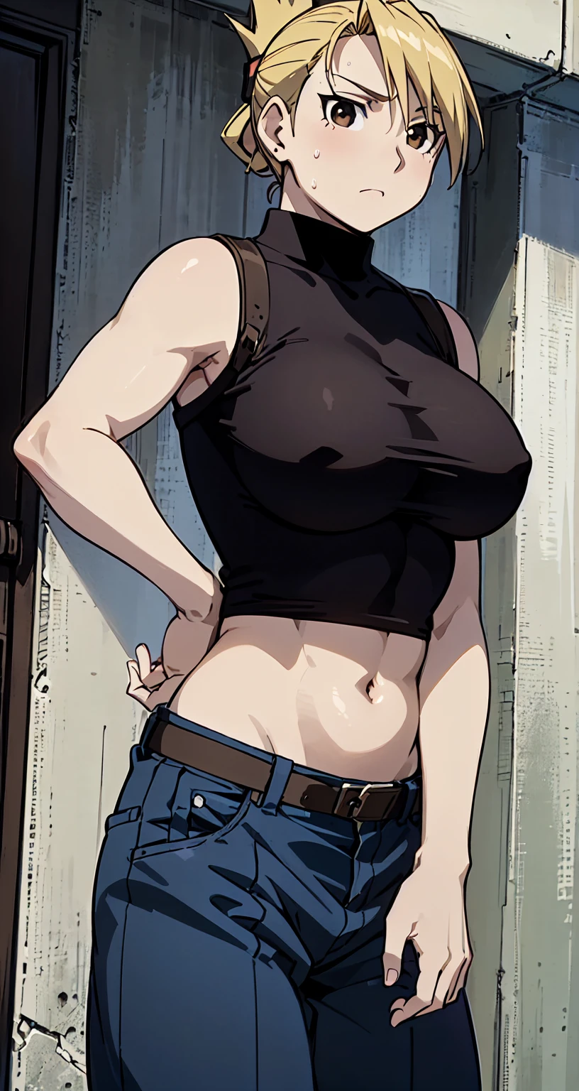 masterpiece, highest quality, High resolution, One Girl, Hamriz, ponytail, Brown eyes,big , Black Shirt, Tight shirt, holster, Short sleeve, belt, Covered navel, Blue pants,Outdoor、Upper body close-up、Muscular body、blush、Sweat、Composition from the front、anime、(((No bra、big Boobs)))