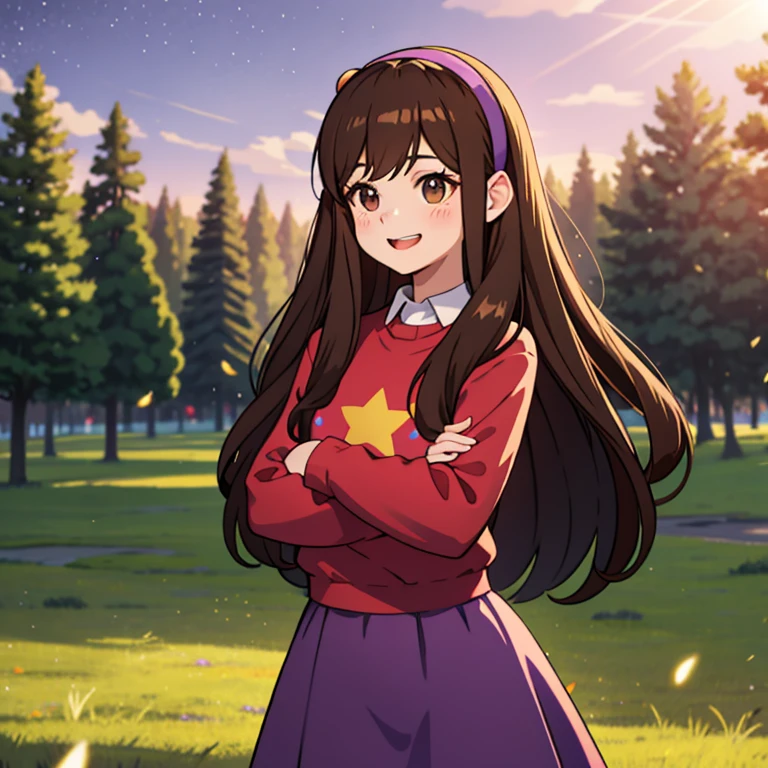 day, mabel pines ,masterpiece, best quality, Mabel,1girl, crossed arms, landscape, depth of field, night, light particles, light rays, sidelighting, thighs, fate \(series\) solo, upper body, long hair, red sweater, long sleeves, brown hair, black eyes, pink hairband ,rainbow, star \(symbol\), rainbow, purple skirt, smile, blush stickers ,round teeth, buck teeth , tree, blue sky, wide hips