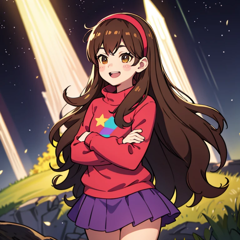 day, mabel pines ,masterpiece, best quality, Mabel,1girl, crossed arms, landscape, depth of field, night, light particles, light rays, sidelighting, thighs, fate \(series\) solo, upper body, long hair, red sweater, long sleeves, brown hair, black eyes, pink hairband ,rainbow, star \(symbol\), rainbow, purple skirt, smile, blush stickers ,round teeth, buck teeth , tree, blue sky, wide hips