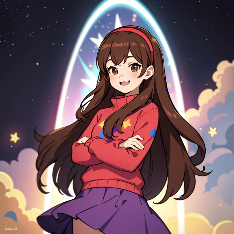 day, mabel pines ,masterpiece, best quality, Mabel,1girl, crossed arms, landscape, depth of field, night, light particles, light rays, sidelighting, thighs, fate \(series\) solo, upper body, long hair, red sweater, long sleeves, brown hair, black eyes, pink hairband ,rainbow, star \(symbol\), rainbow, purple skirt, smile, blush stickers ,round teeth, buck teeth , tree, blue sky, wide hips