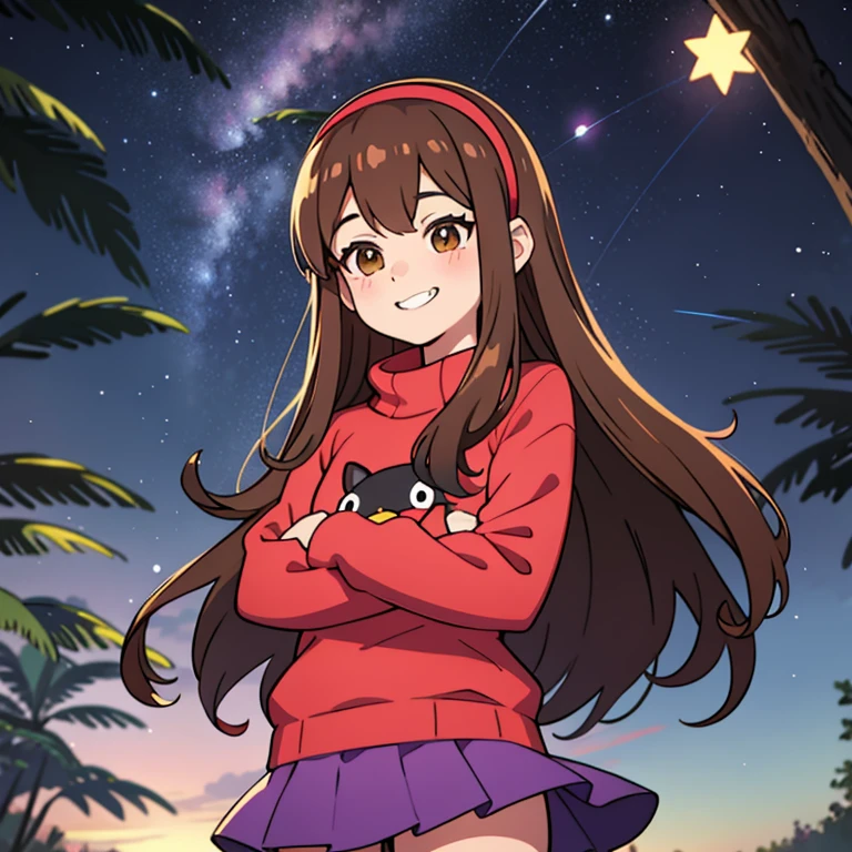 day, mabel pines ,masterpiece, best quality, Mabel,1girl, crossed arms, landscape, depth of field, night, light particles, light rays, sidelighting, thighs, fate \(series\) solo, upper body, long hair, red sweater, long sleeves, brown hair, black eyes, pink hairband ,rainbow, star \(symbol\), rainbow, purple skirt, smile, blush stickers ,round teeth, buck teeth , tree, blue sky, wide hips