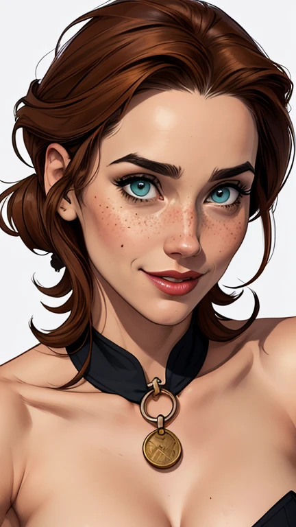 a beautiful girl with sharp eyes, freckles, and a smirk, with braided brown hair, holding blood, (best quality,4k,8k,highres,masterpiece:1.2),ultra-detailed,(realistic,photorealistic,photo-realistic:1.37),expressive eyes,perfect face