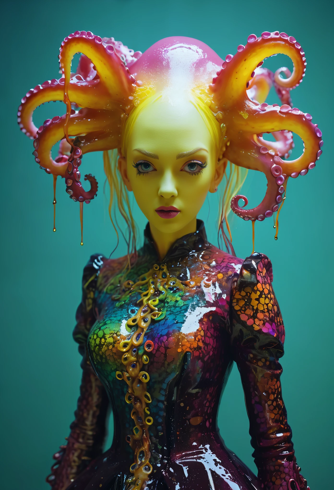 8K, ARTISTIC photogrAphy, best quAlity, mAsterpiece: 1.2), A (potrAit:1.2) witch BLOOD Toon Doll Cthulhu QUEEN, RAINBOW many octopus style tentacles, full body RAW candid cinema, yellow hair, 16mm, color graded portra 400 film, remarkable color, ultra realistic, sad admosphere, dark lighting, oppressive atmosphere, depressive colors, kodak portra 400, photograph,r, Natural Light, Pinhead lighgts, blur reflection, Brush Strokes, Smooth, abstract, Splatter, Oil On Canvas, rainbow colors, fractal isometrics details bioluminescens : a stunning realistic photograph of wet bone structure, 3d render, octane render, intricately detailed, titanium decorative headdress, cinematic, trending on artstation | Isometric | Centered
