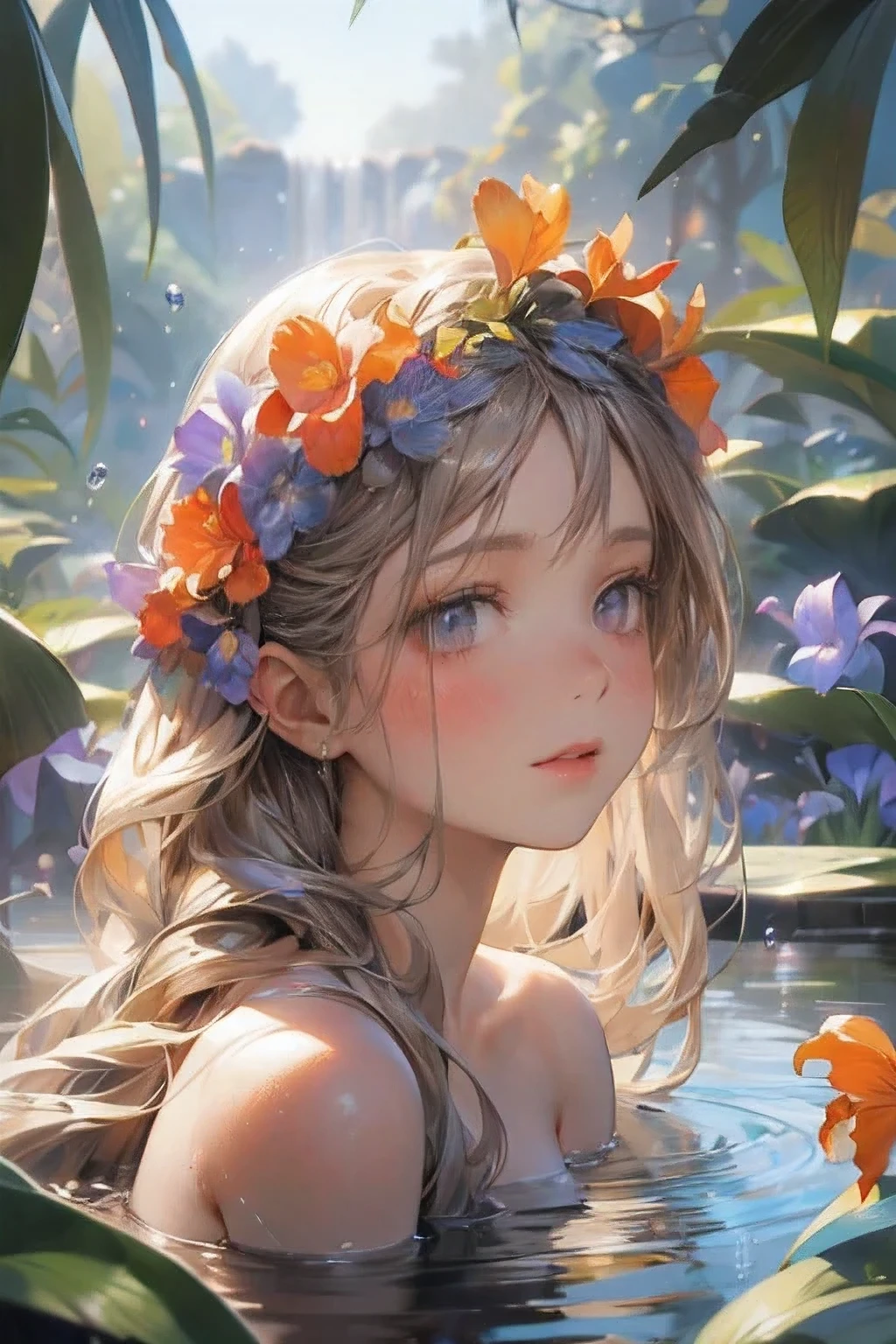 (best quality,4k,8k,highres,masterpiece:1.2),ultra-detailed, (realistic,photorealistic,photo-realistic:1.37),colorful lighting,fine art,traditional medium,cute girl, standing at front of pond,beautiful detailed eyes,beautiful detailed lips,extremely detailed eyes and face,flower crown,long flowing hair,splashing raindrops,fresh blooming irises:1.2,Irises reflected on the water surface,peaceful atmosphere,endless irises:1.2,subtle fog,serene smile,tranquil setting,subtle color variations,intricate brushwork,soft shadows,delicate highlights,vibrant and vivid hues,melancholic yet hopeful,dreamy ambiance,romantic scenery,subtle butterfly and bird motifs,evoking a sense of nostalgia,serene and surreal,slightly hazy atmosphere,ethereal glow in the background,beautiful delicate(knee,irises), 