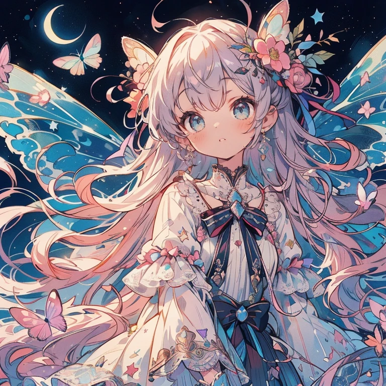 (Exquisite, beautiful, Very detailed, masterpiece, high resolution,high quality,High resolution),(Well-formed face,soft thin lines: 1.2, Beautiful and delicate illustrations with a mature and transparent feel), 透明感のある繊細でbeautifulWell-formed faceで羽の生えた妖精姫が三日月の夜に楽しそうにMoonlit Nightの空に浮いている, 星が輝くbeautiful星空,Moonlit Night,meteor,constellation,Dark Night,From a little distance,tiara, Star Earrings, Star Necklace,Bracelet,ring,), ((A gorgeous ball gown dress with lots of frills and a moon motif.:1.1, Balloon sleeves, Jewels, ribbons, lace and frills, Fairy wings from the back:1.5)), (はにかんだbeautiful笑顔,Pale pink blush, Plump pink lips,Beautiful and clear eyes,Large Bust, Fair skin, Good style),Starry sky texture,pastel colour, Flower made of ruby,Watercolor art,Fantasy,Whole body,Colored pencil art
