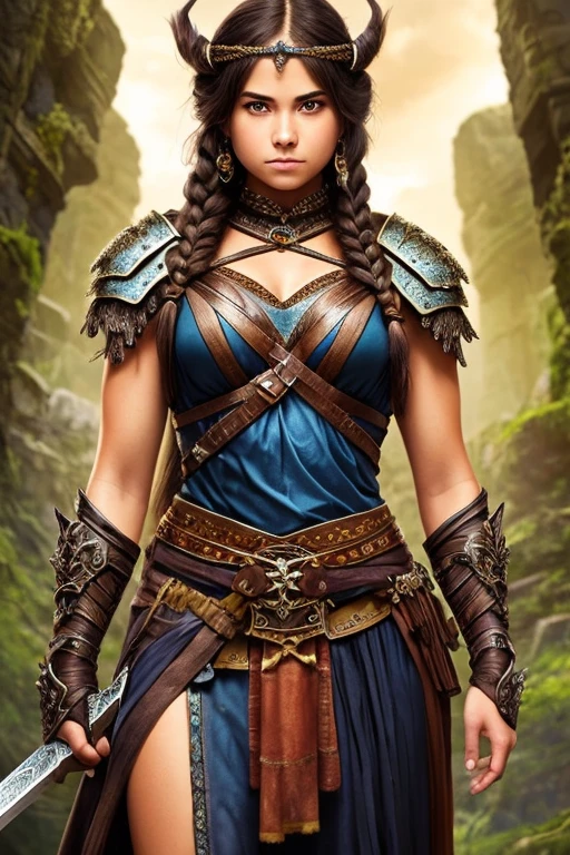 smiling fantasy barbarian girl,black bear,illustration,ultra-detailed,painted style,vibrant colors,heroic pose,fantasy portrait,adventure theme,strong and fearless girl,braided hair,wilderness,ancient ruins,leather armor,fierce expression,beautiful detailed eyes,beautiful detailed lips,soft lighting,enchanted sword,fantasy creatures,strength and beauty,bravery and courage,mythical realm,extraordinary power,noble and divine,heroic companion,fierce loyalty,magnificent fantasy world,